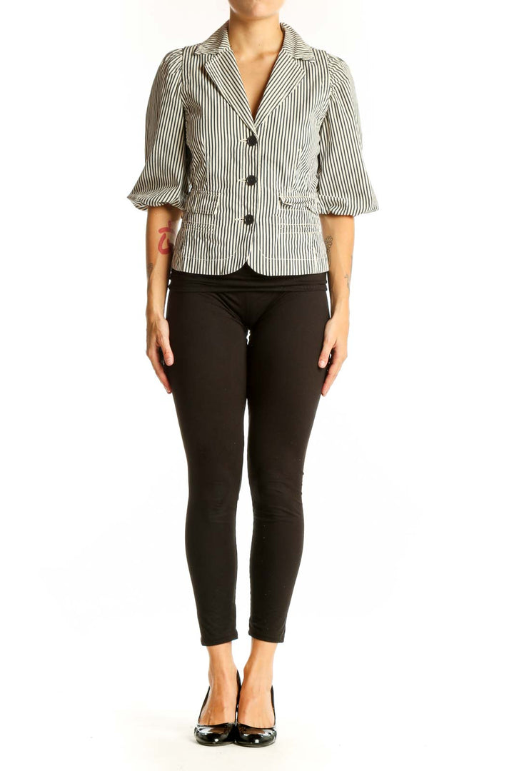 Front view of Halogen Black and White Striped Cotton Blazer with puffed sleeves