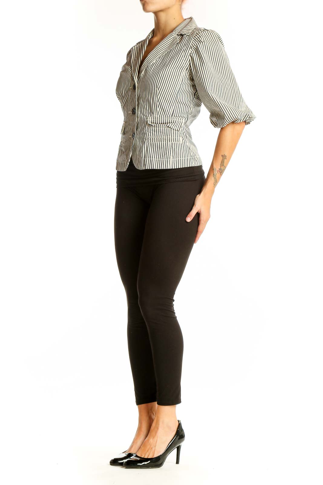 Front view of Halogen Black and White Striped Cotton Blazer with puffed sleeves