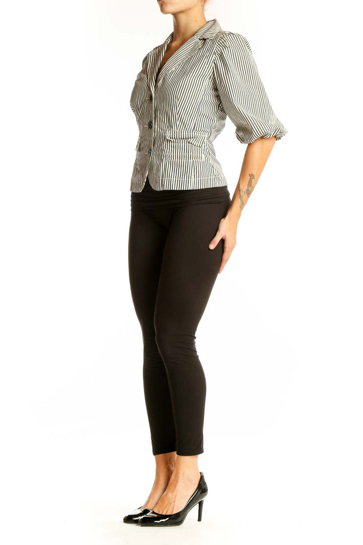 Front view of Halogen Black and White Striped Cotton Blazer with puffed sleeves