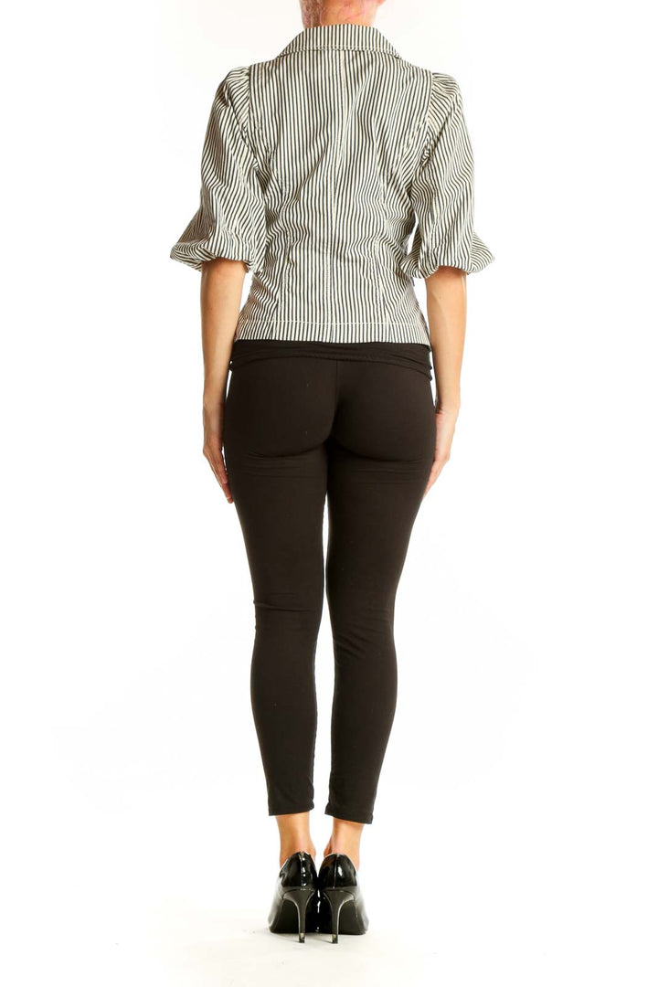 Side view of Halogen Black and White Striped Cotton Blazer showing tailored fit