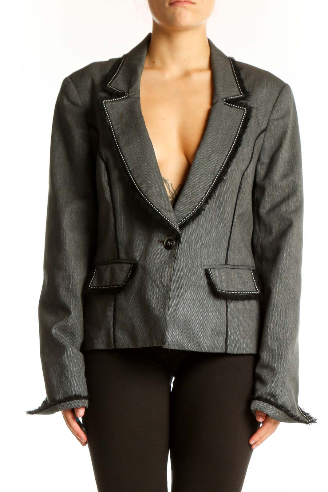 Front view of White House Black Market gray blazer with contrast stitching