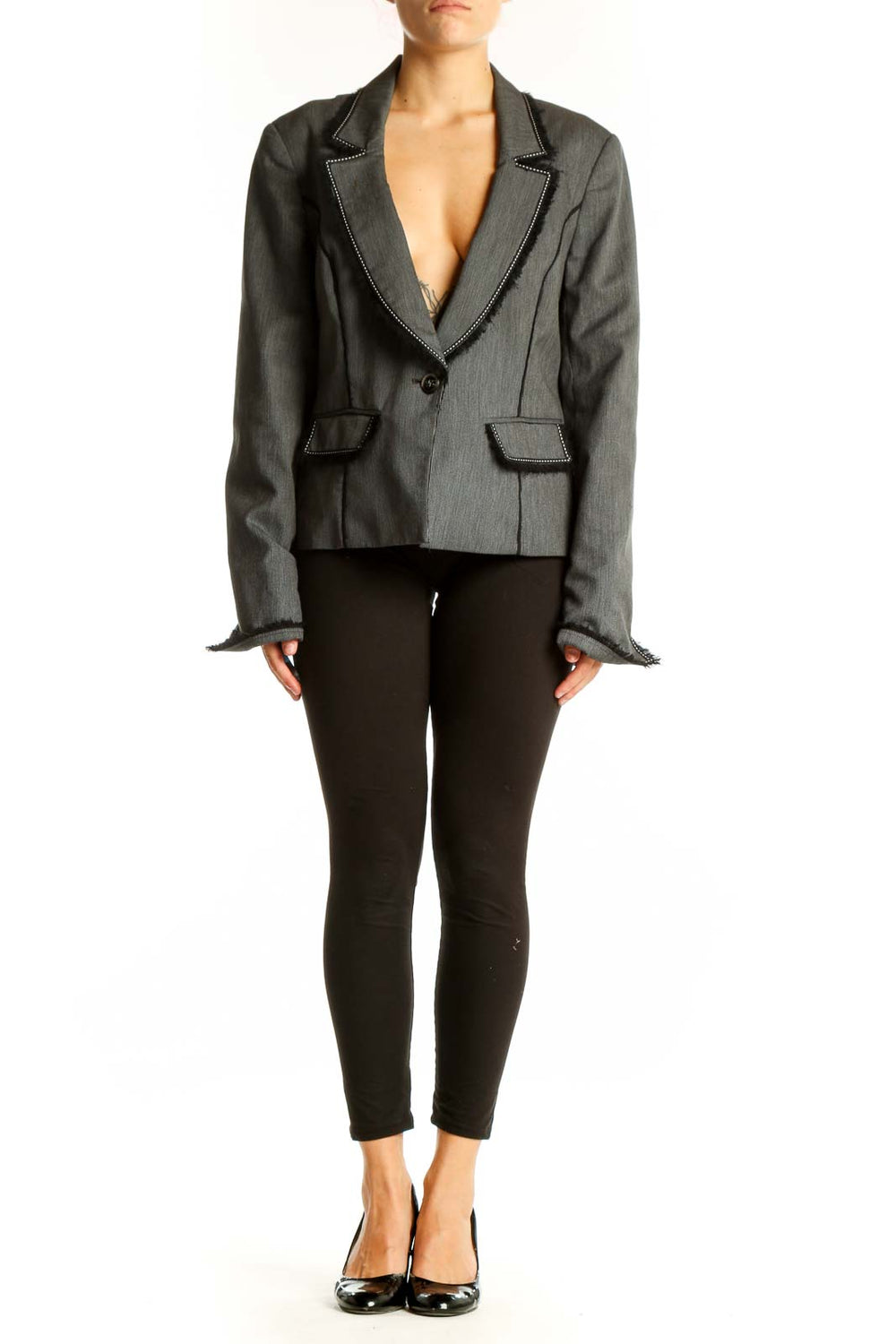 Front view of White House Black Market gray blazer with contrast stitching