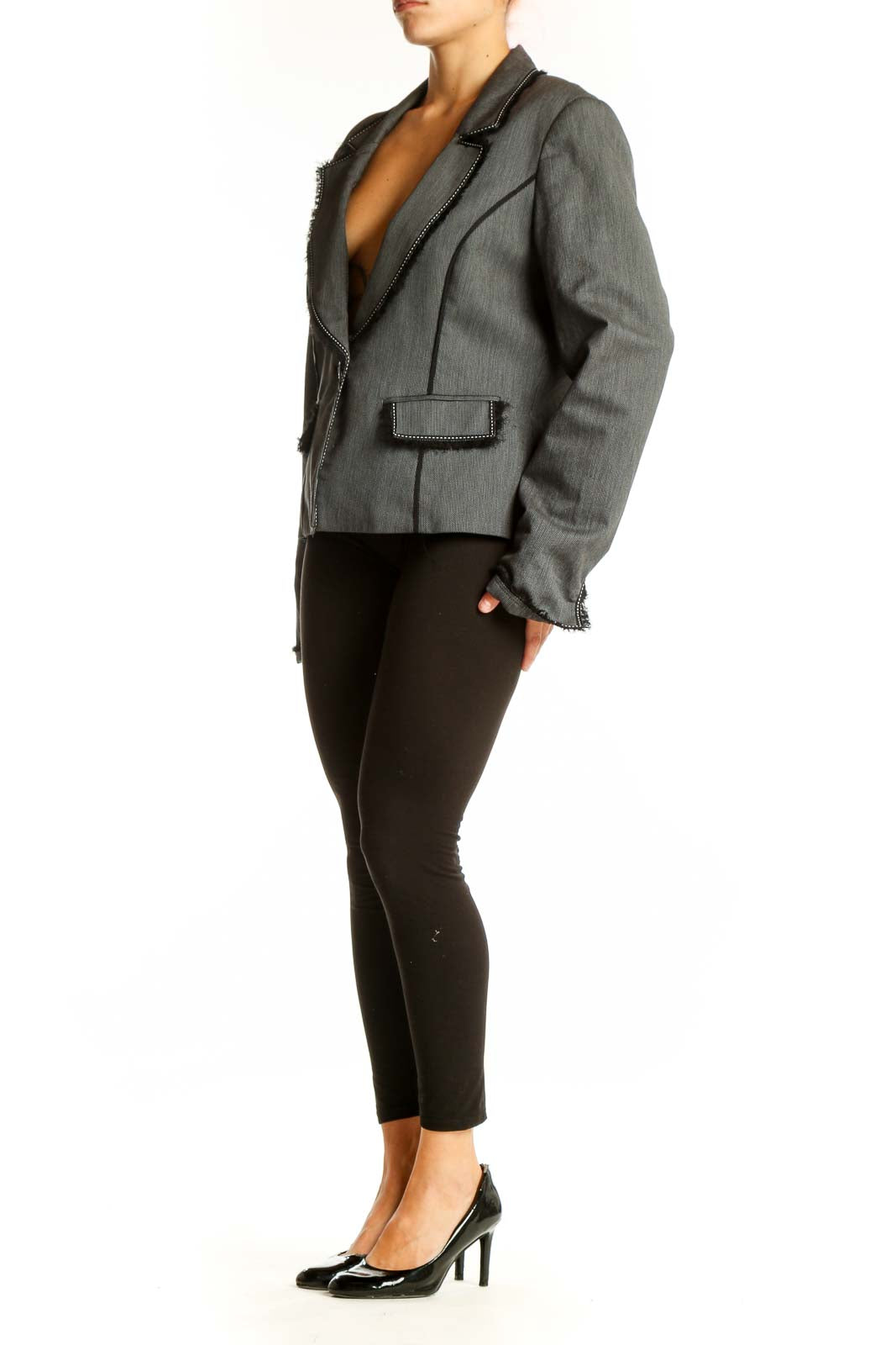 Front view of White House Black Market gray blazer with contrast stitching