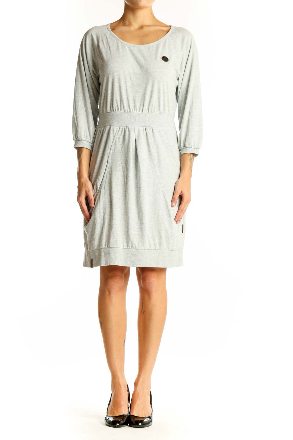 Front view of light gray Naketano casual dress with scoop neckline and 3/4 sleeves