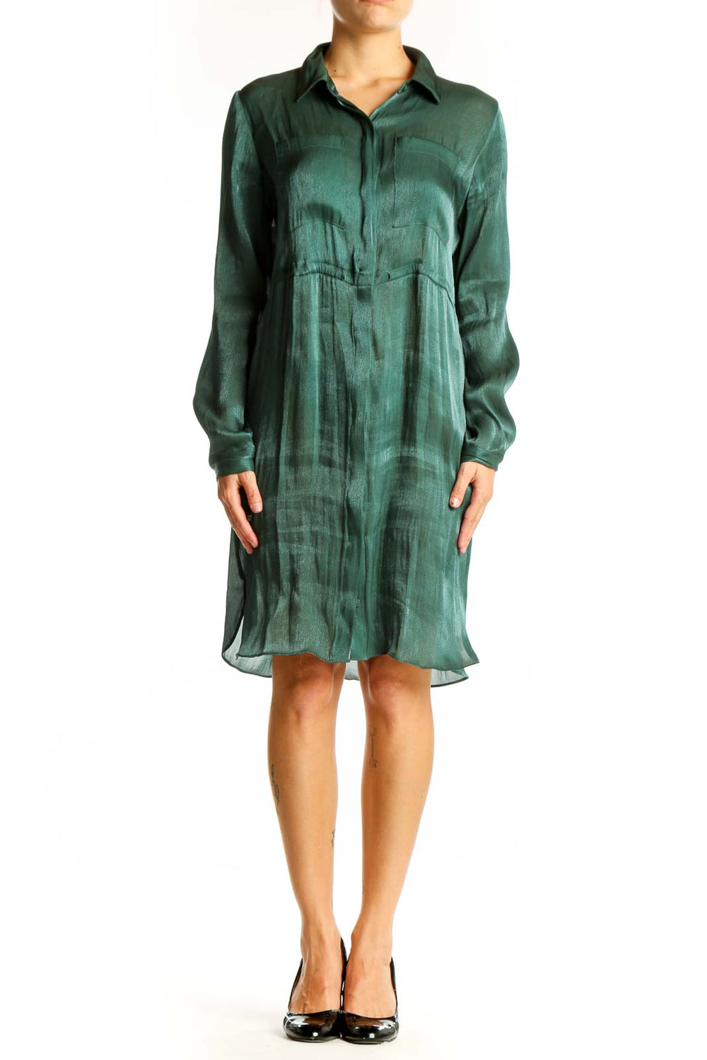 Front view of green sheer Alfani shirt dress with button-down front