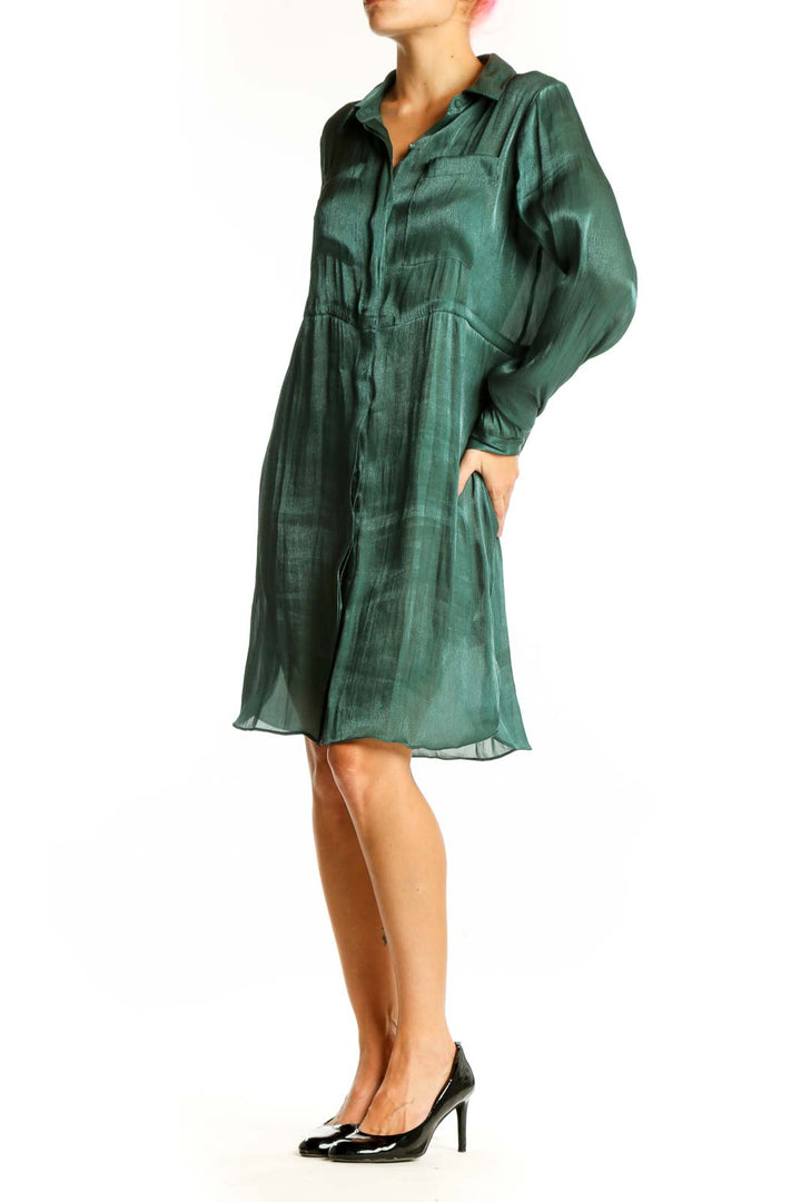 Front view of green sheer Alfani shirt dress with button-down front