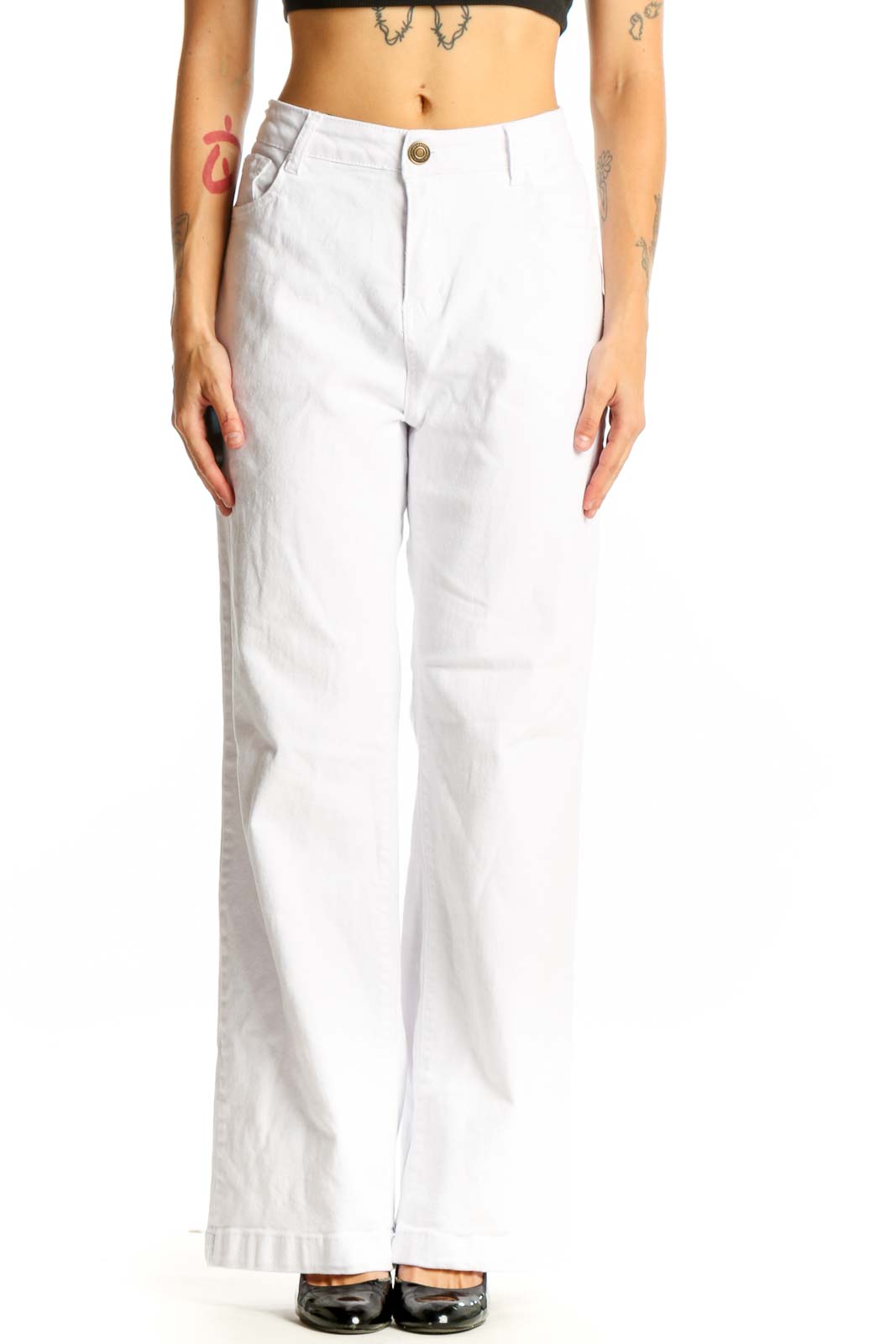 Front view of white wide-leg denim trousers from SilkRoll