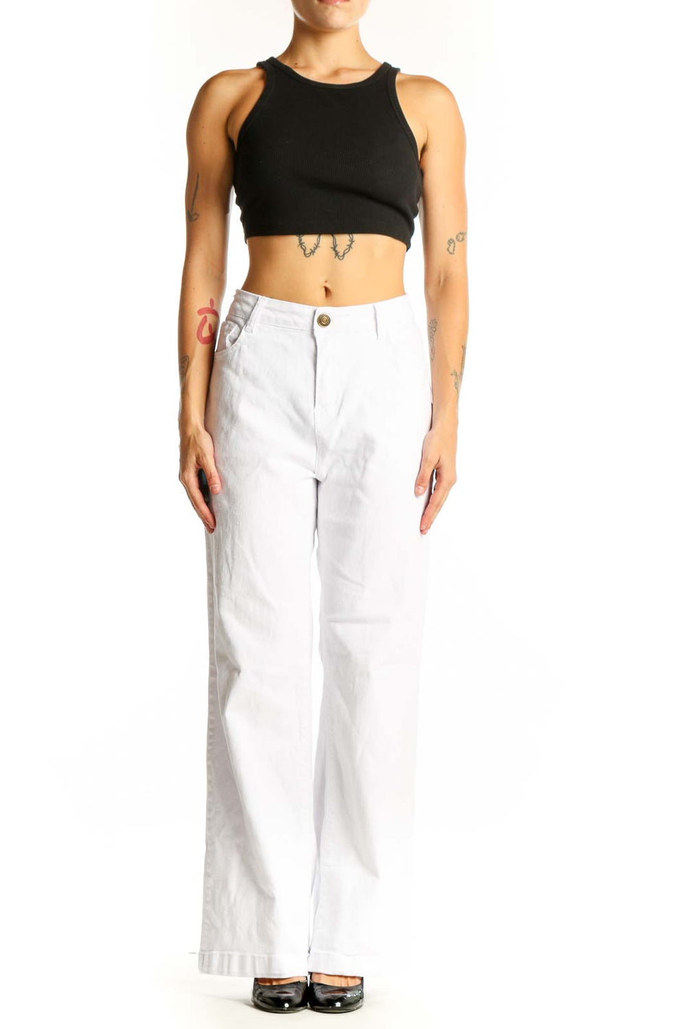 Front view of white wide-leg denim trousers from SilkRoll