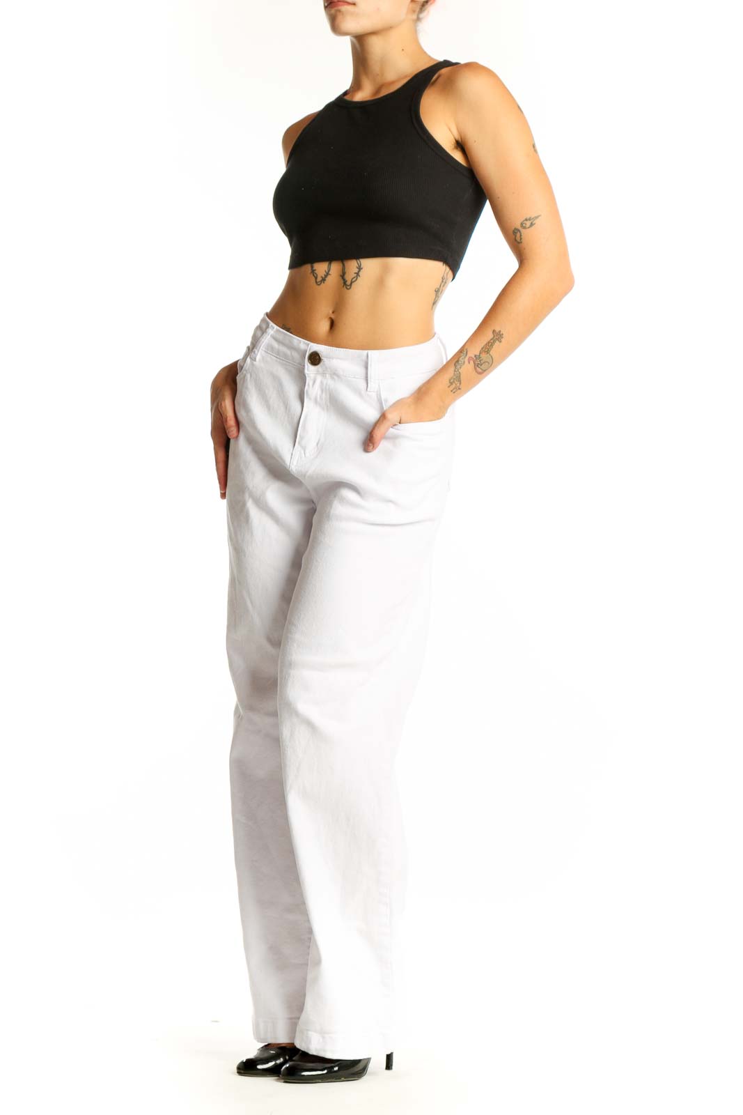 Front view of white wide-leg denim trousers from SilkRoll