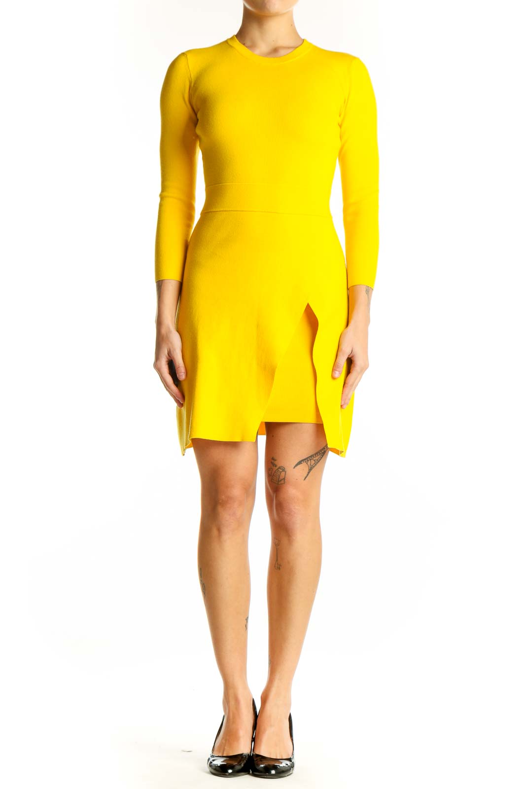 Front view of yellow long-sleeve ALC mini dress with side slit