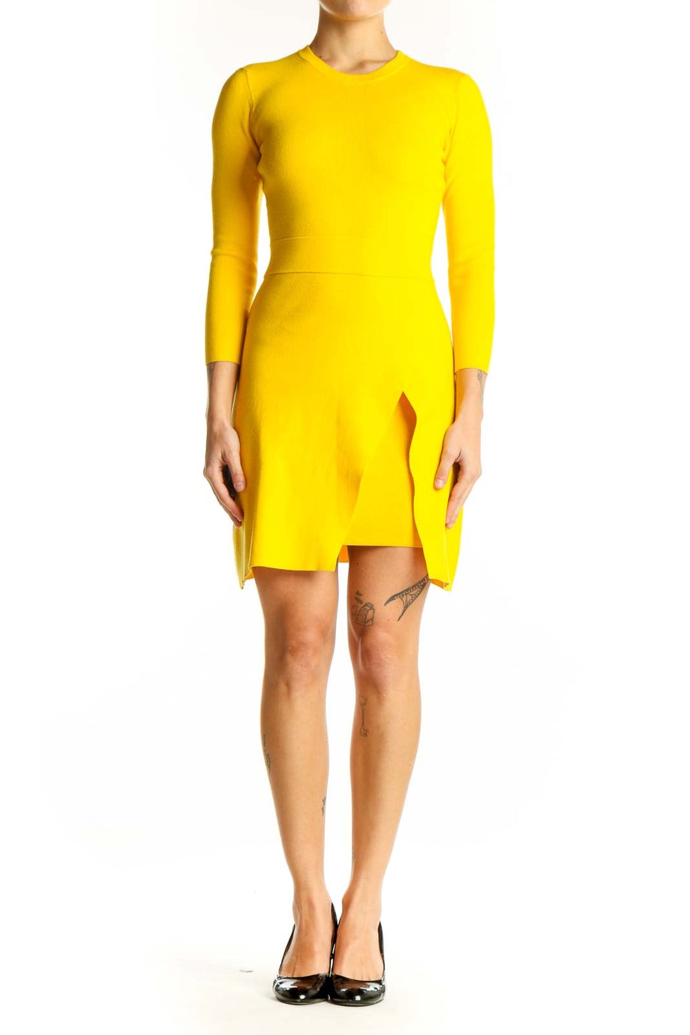 Front view of yellow long-sleeve ALC mini dress with side slit