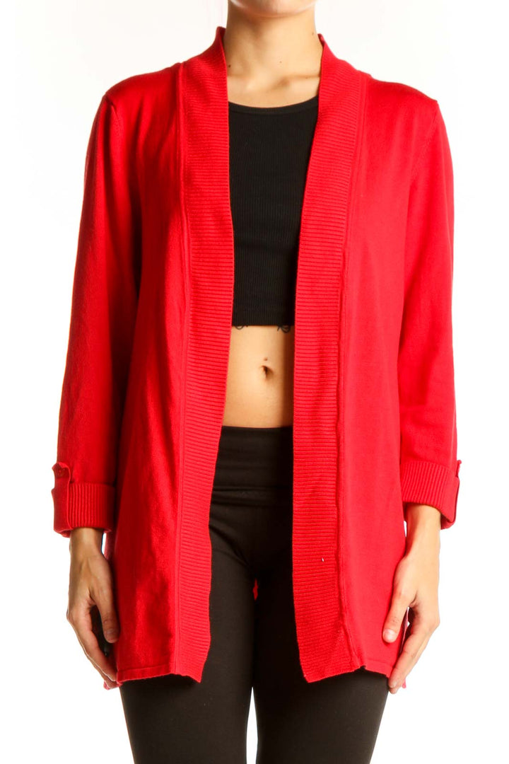 Front view of red Premise open front knit cardigan