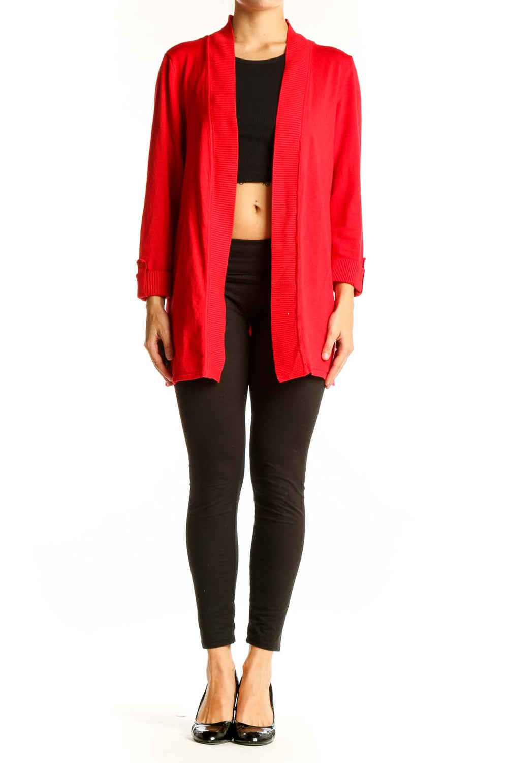 Front view of red Premise open front knit cardigan
