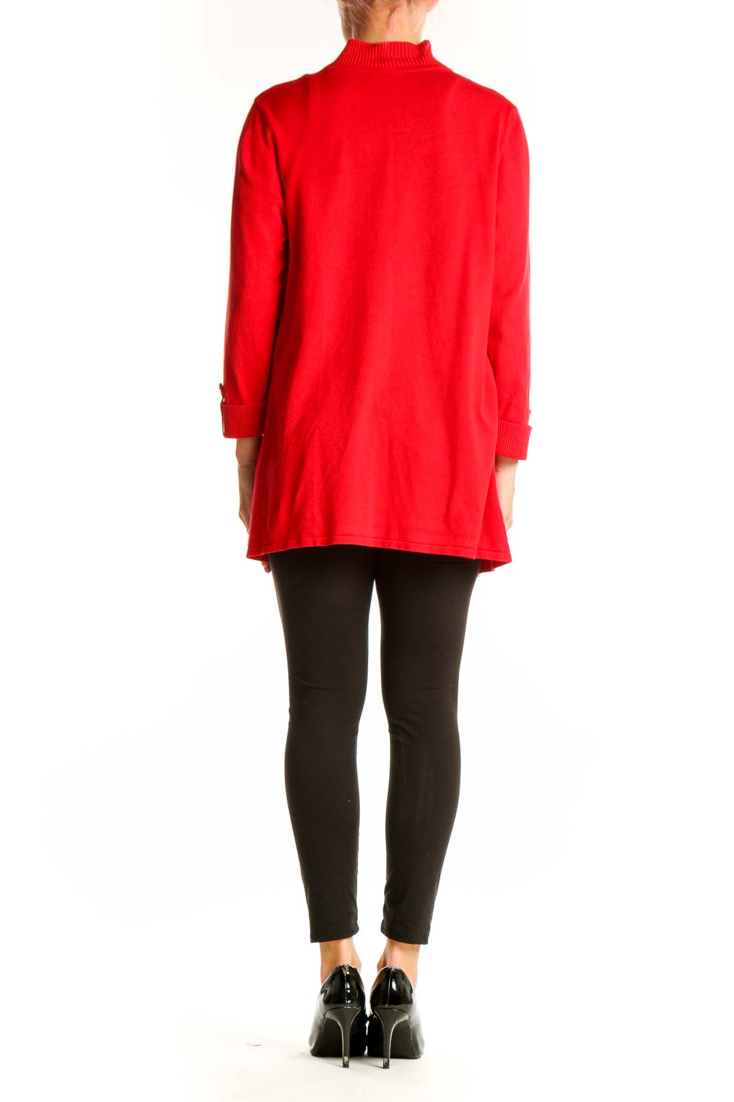 Side view of model wearing red Premise open front knit cardigan with black outfit