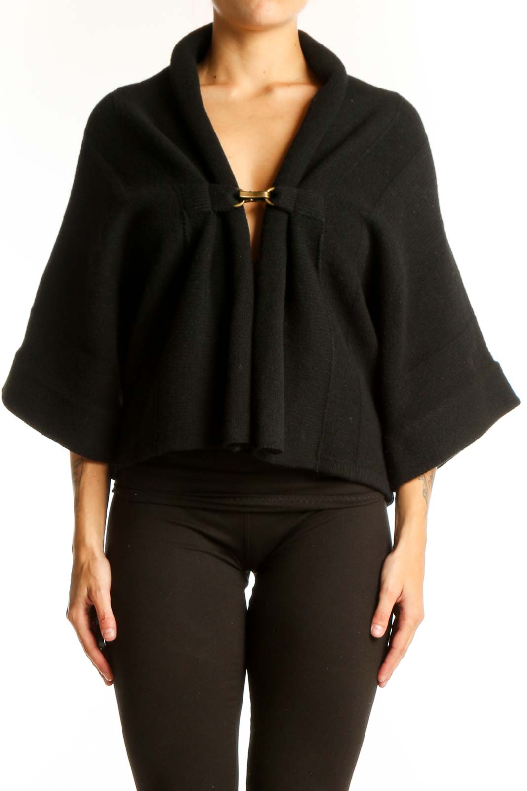 Front view of Solar black cropped knit cardigan with shawl collar