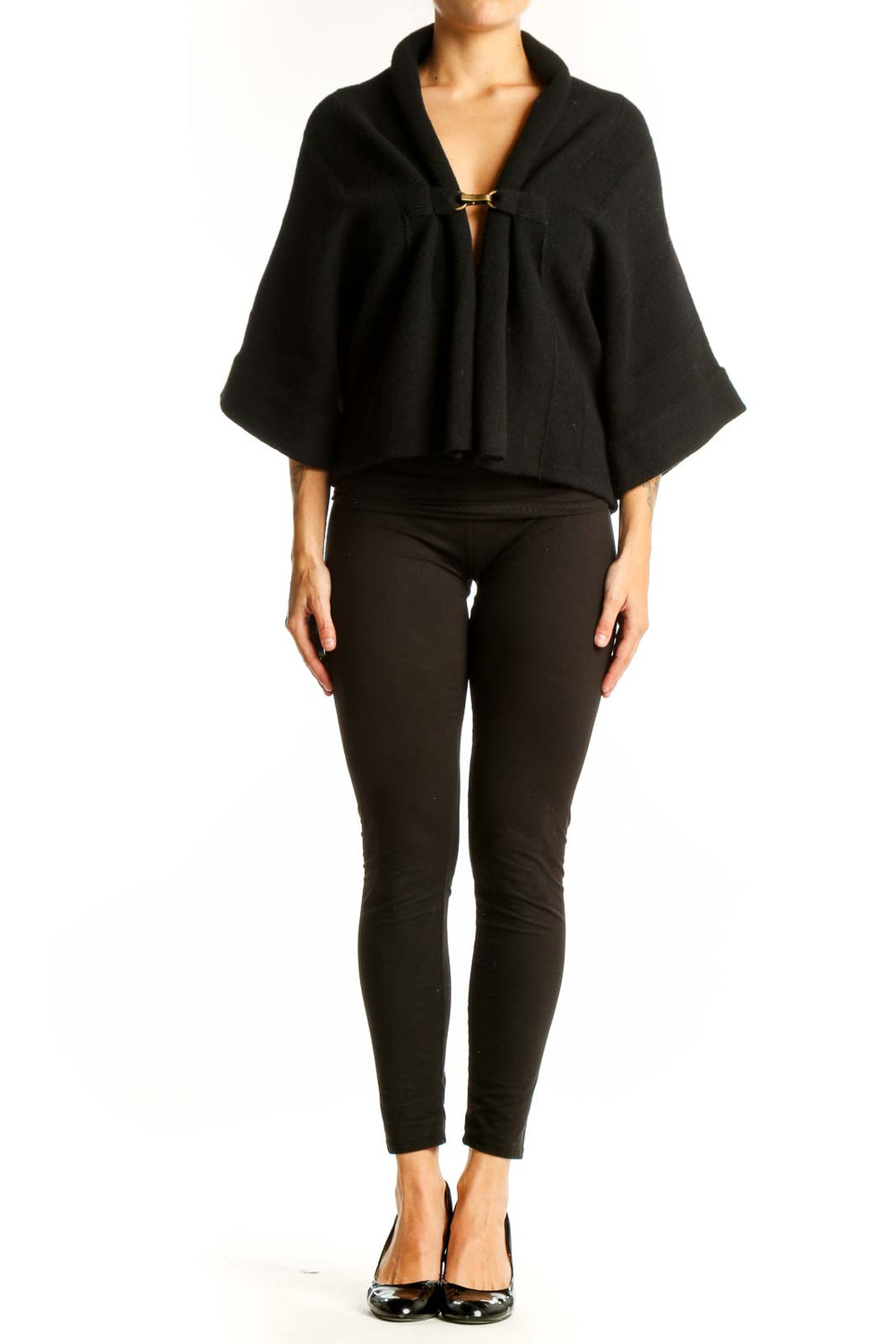 Front view of Solar black cropped knit cardigan with shawl collar