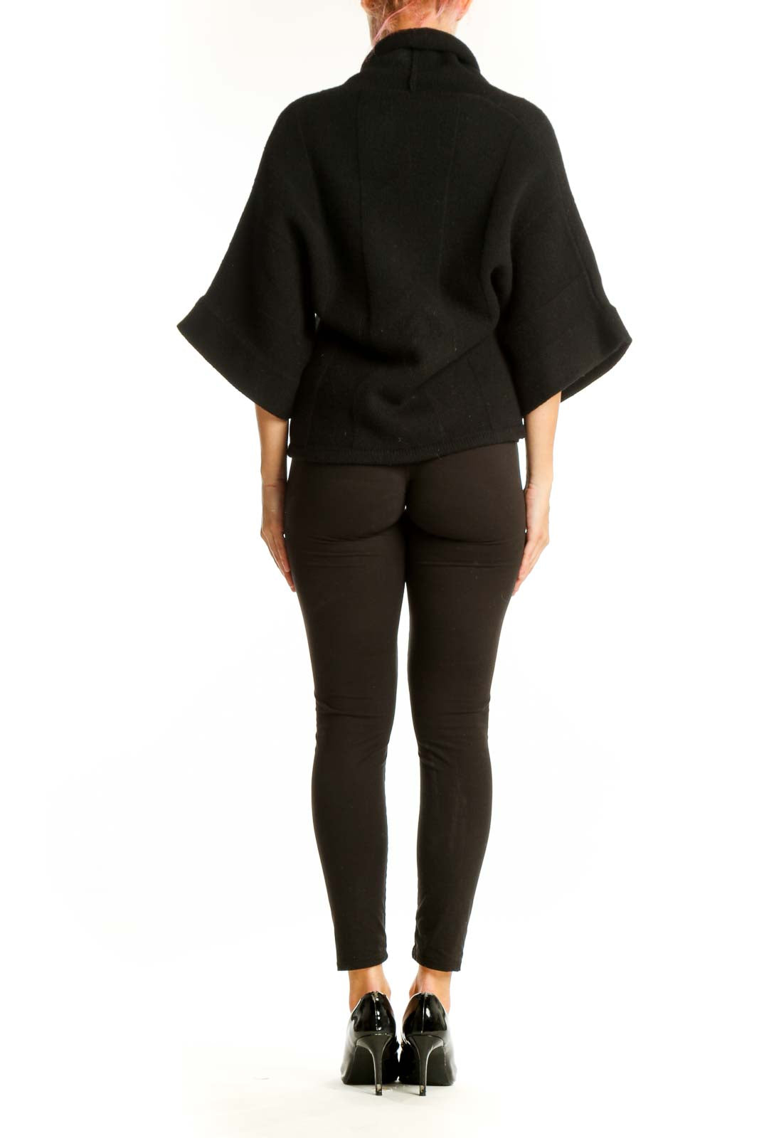 Side view of Solar black cropped knit cardigan on model