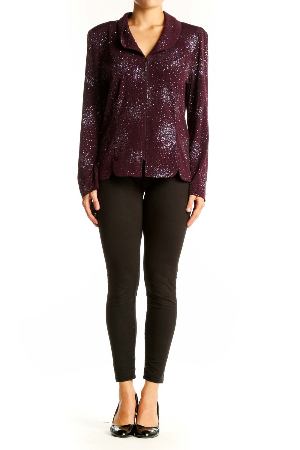 Front view of R&K Originals burgundy zip-up blouse with silver sparkle pattern