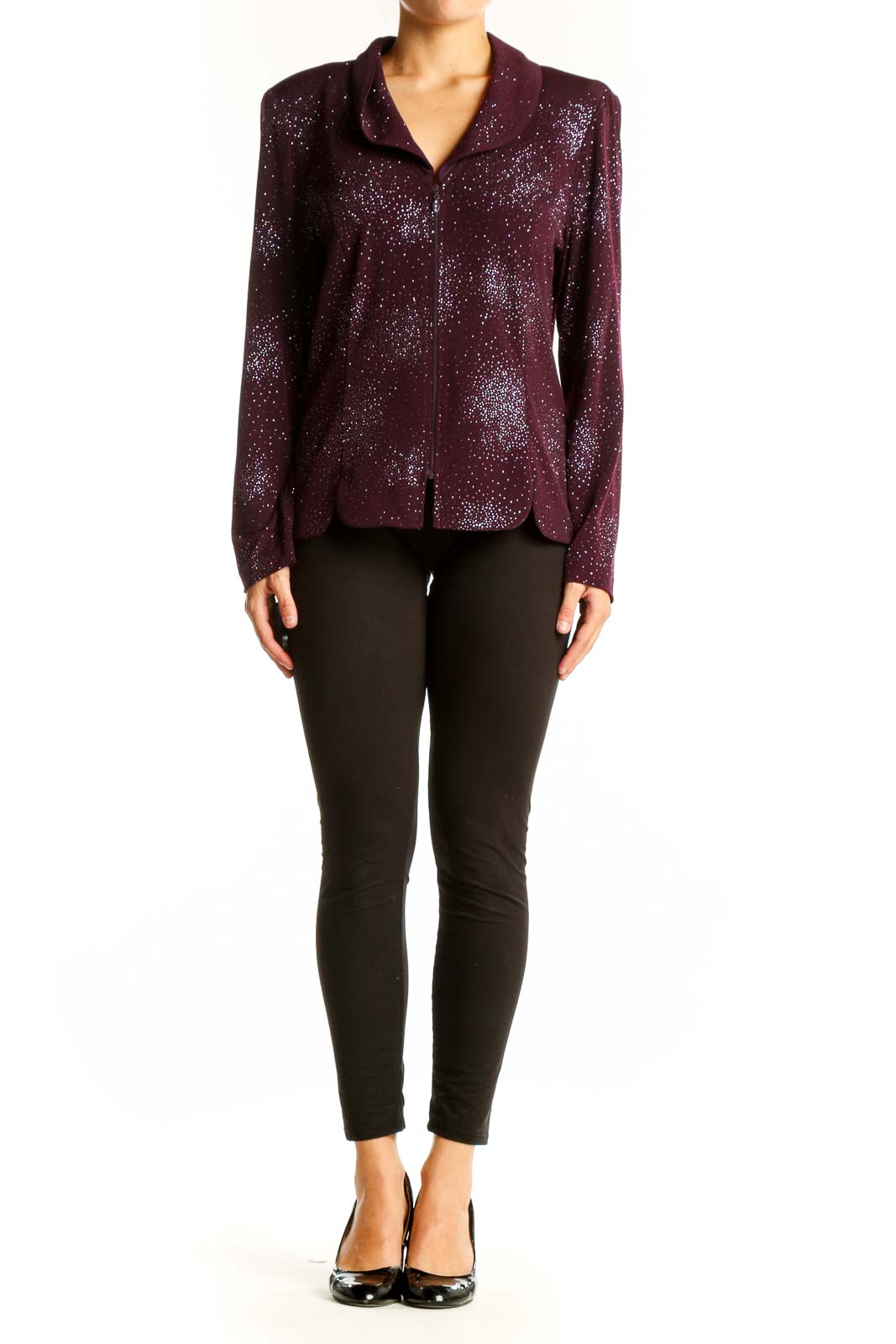 Front view of R&K Originals burgundy zip-up blouse with silver sparkle pattern