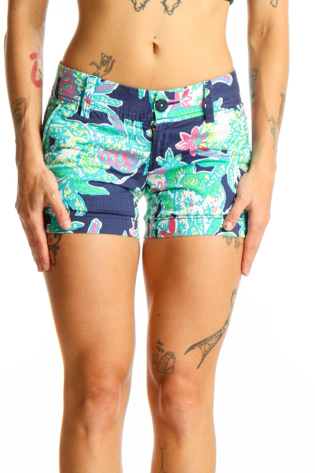Front view of Lily Pulitzer navy floral print cotton shorts
