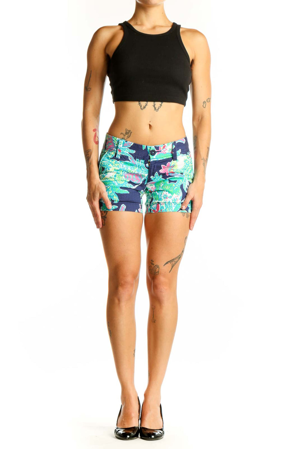 Front view of Lily Pulitzer navy floral print cotton shorts