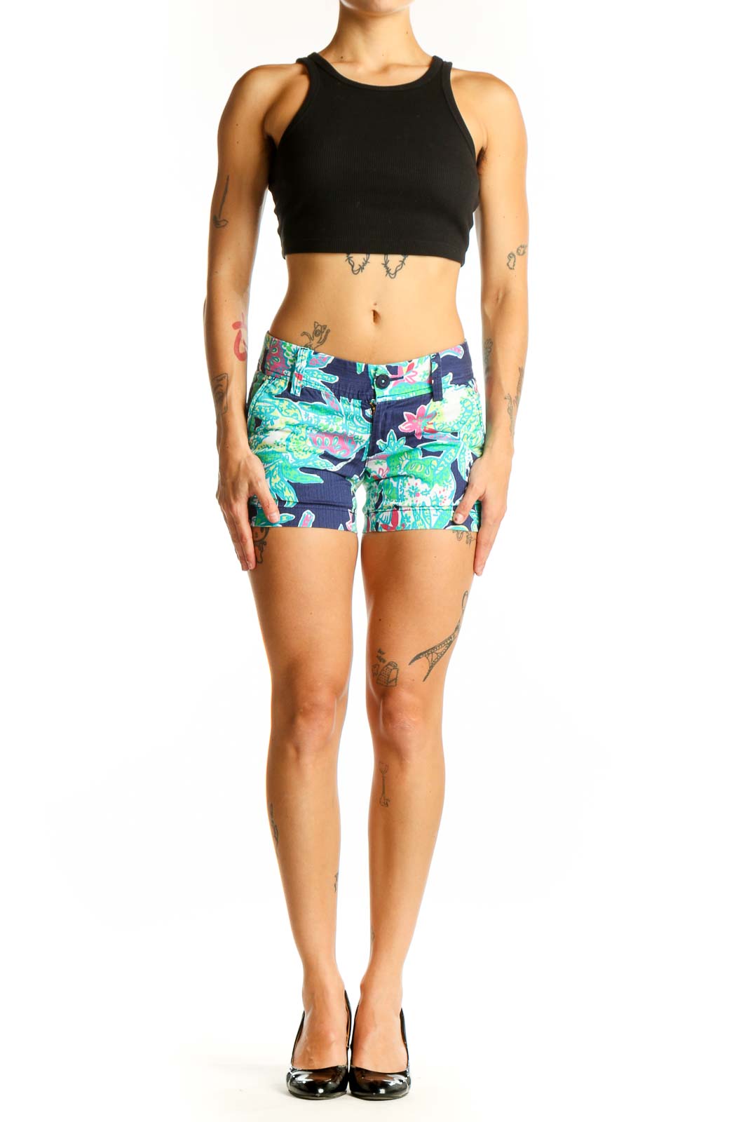 Front view of Lily Pulitzer navy floral print cotton shorts