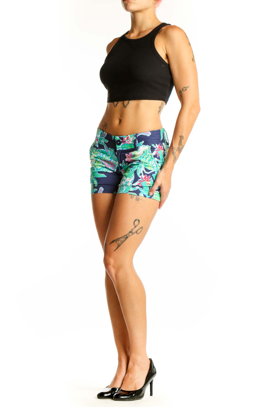Front view of Lily Pulitzer navy floral print cotton shorts
