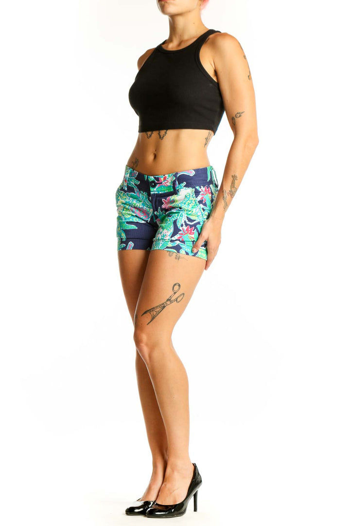 Front view of Lily Pulitzer navy floral print cotton shorts