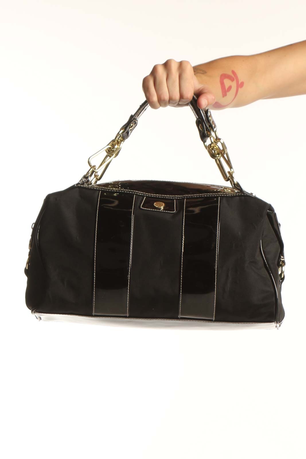 Front view of Issac Mizrahi black shoulder bag with patent leather trim