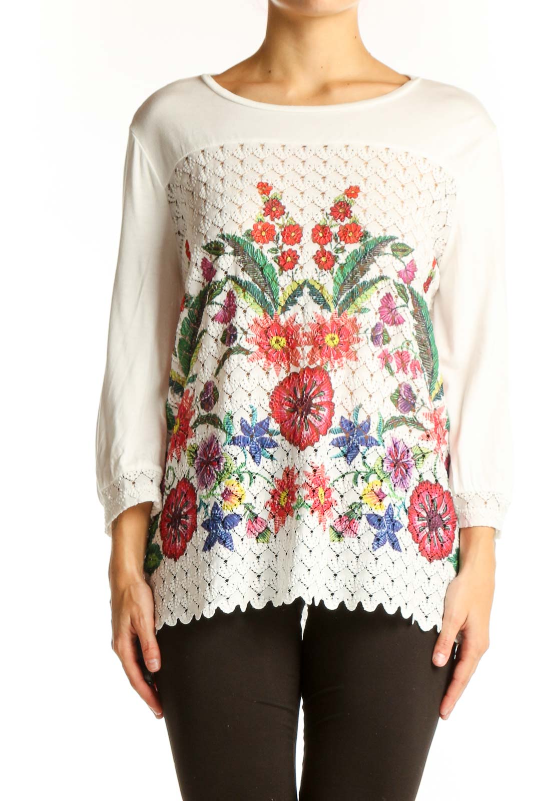 Front view of Desigual white lace top with colorful floral embroidery