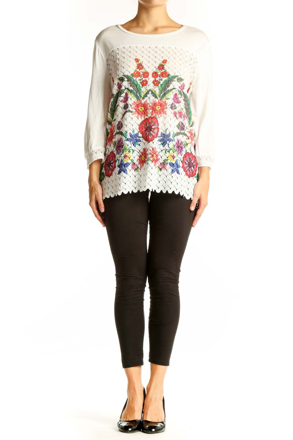 Front view of Desigual white lace top with colorful floral embroidery