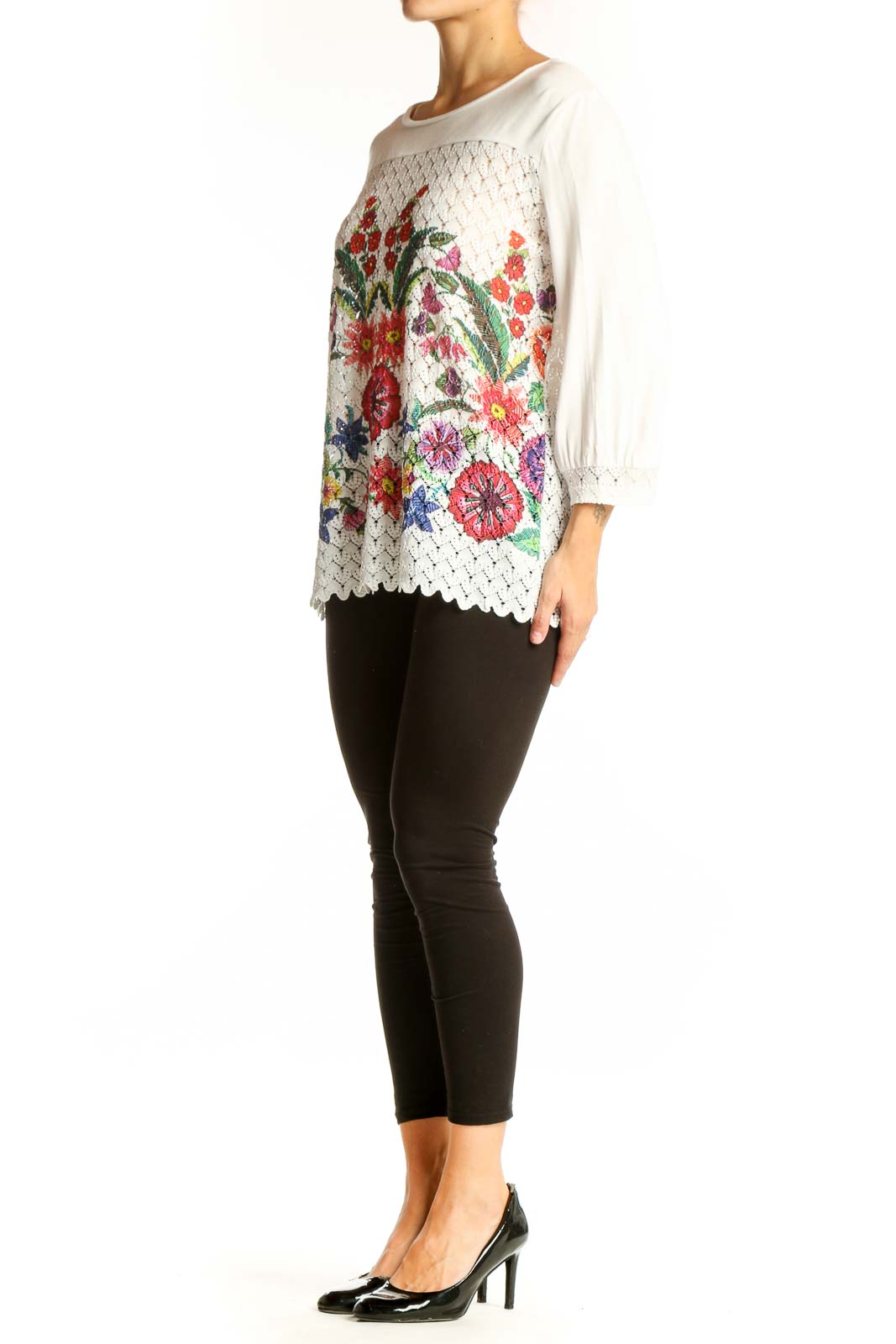 Front view of Desigual white lace top with colorful floral embroidery