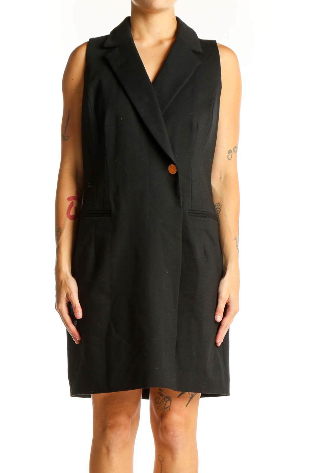 Front view of Spanx black sleeveless blazer dress