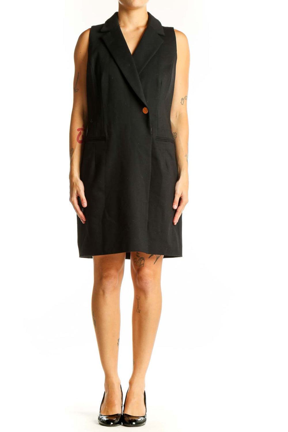 Front view of Spanx black sleeveless blazer dress