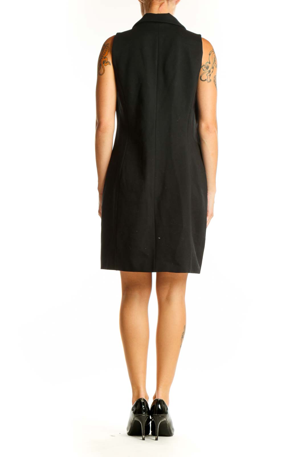 Side view of Spanx black sleeveless blazer dress