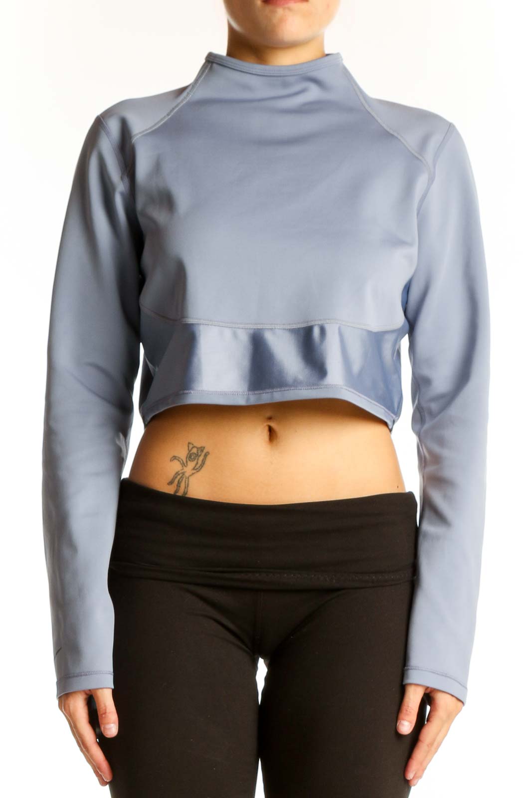 Front view of Nike Light Blue Cropped Athletic Top with high neck