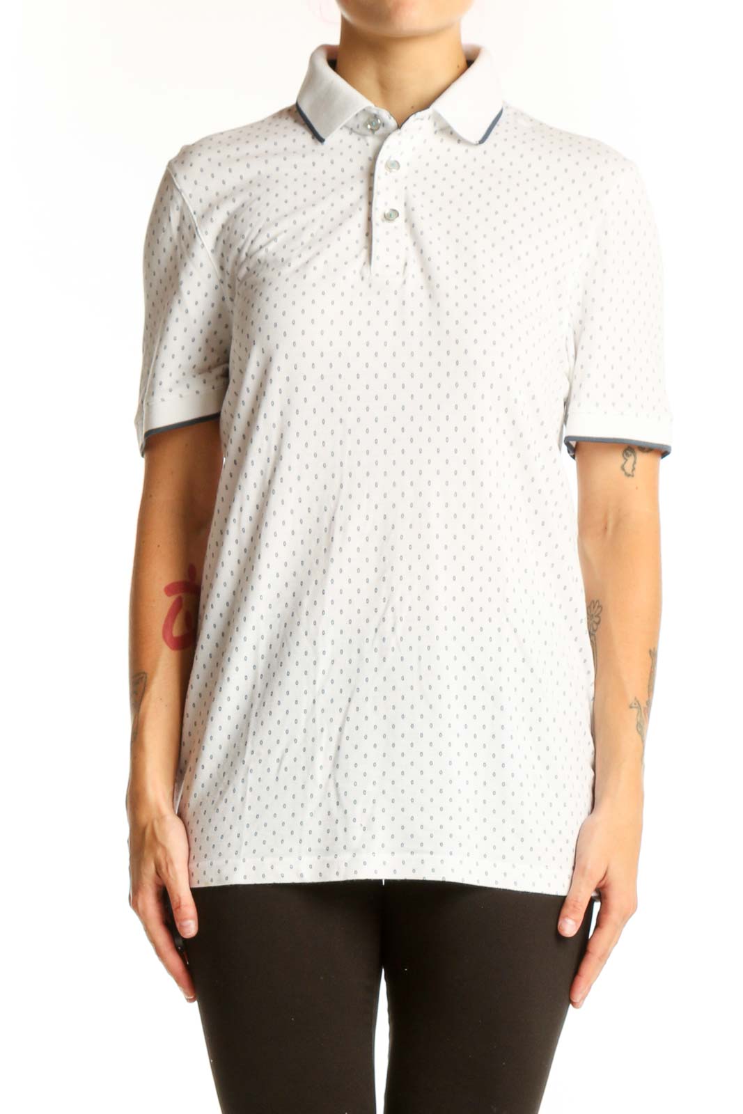 Front view of Ted Baker London white polka dot polo shirt