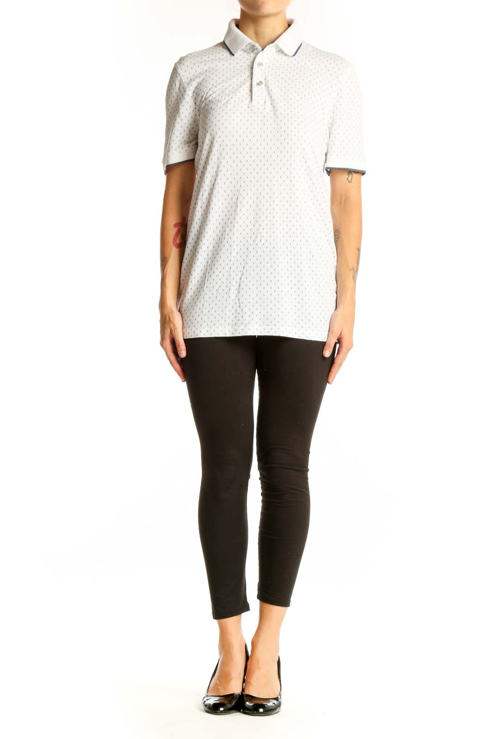 Front view of Ted Baker London white polka dot polo shirt