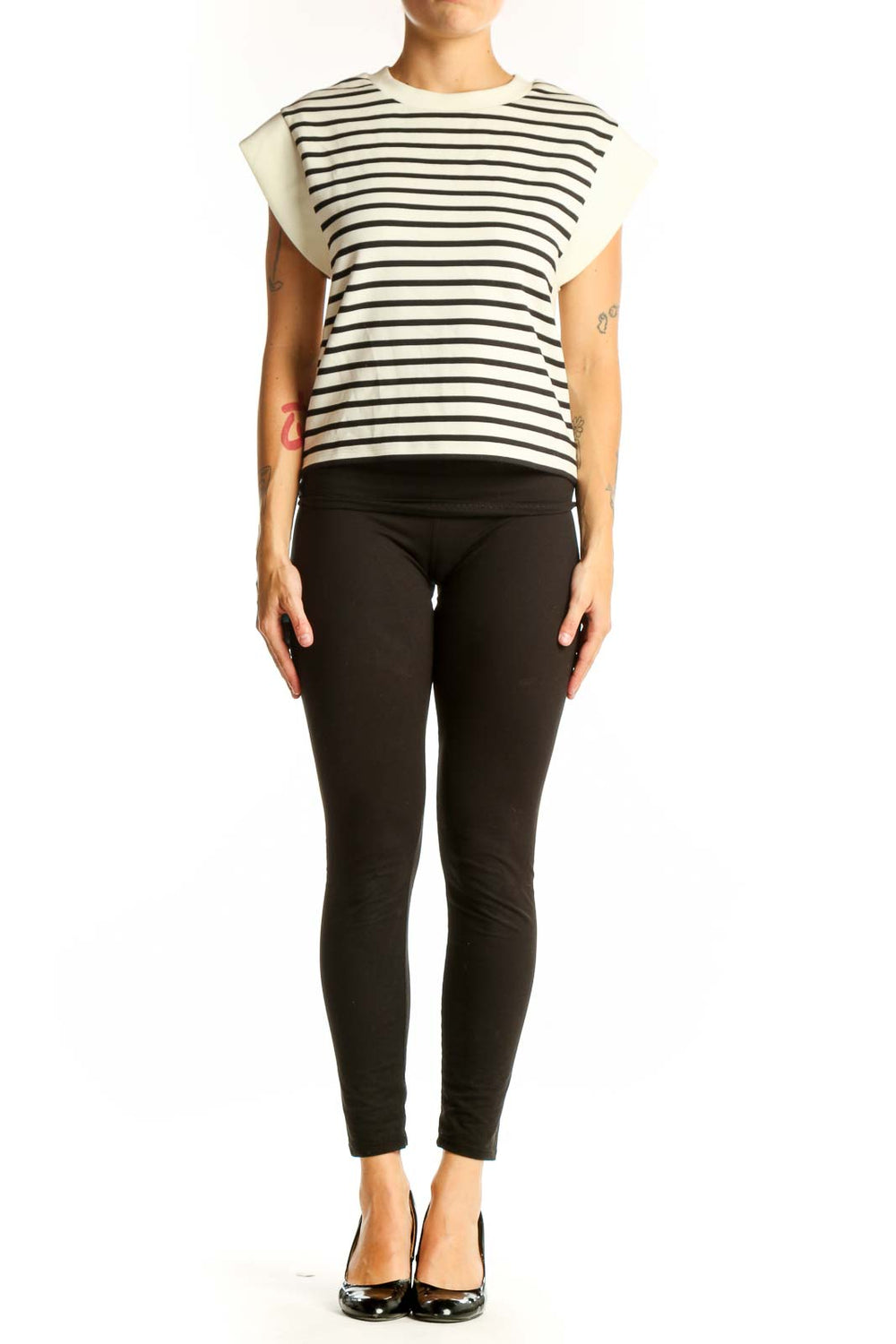 Front view of Spanx Black and White Striped Sleeveless Top