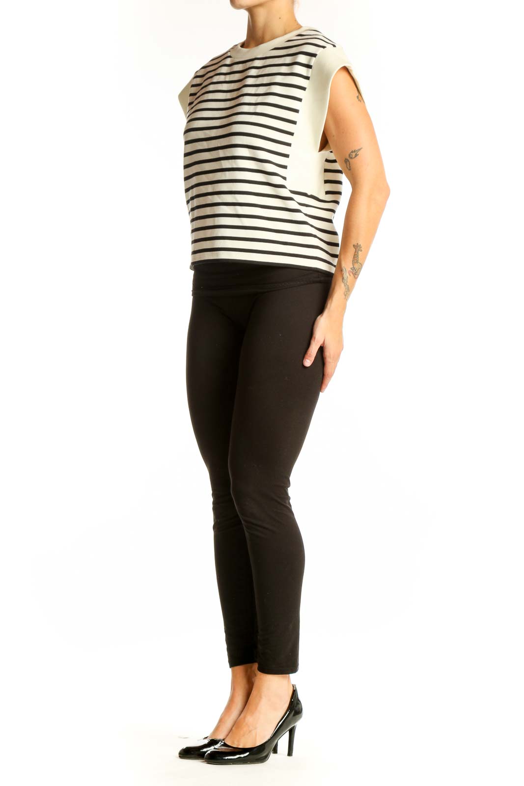 Front view of Spanx Black and White Striped Sleeveless Top