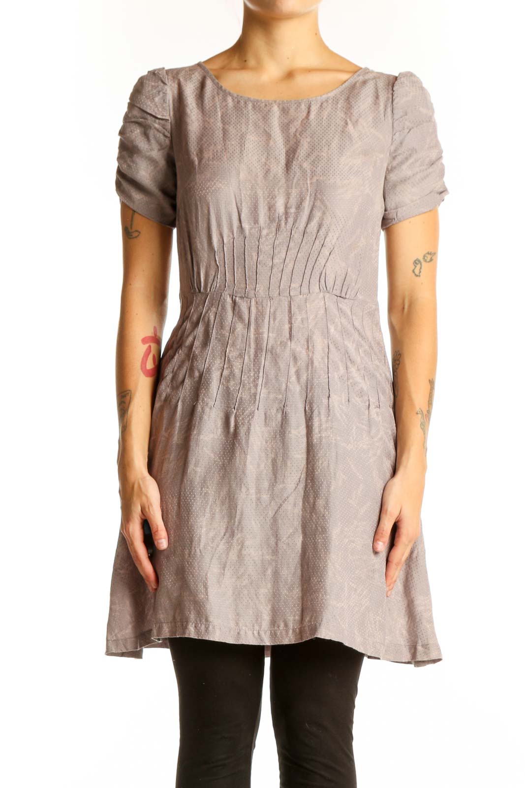 Front view of taupe Kimchi Blue pleated short sleeve dress