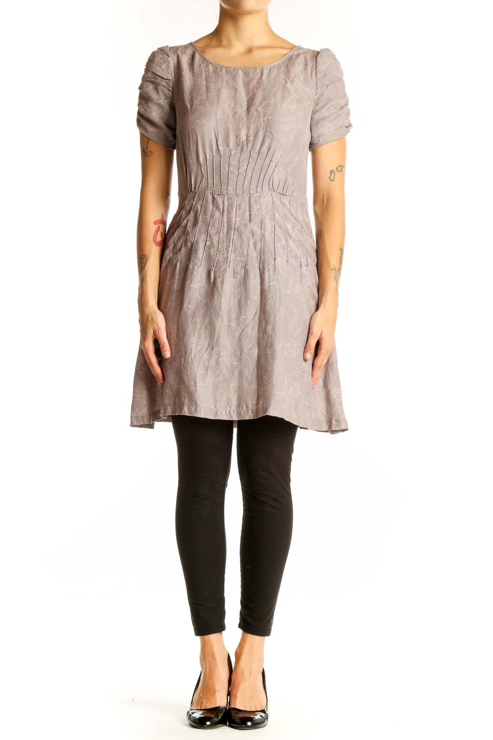 Front view of taupe Kimchi Blue pleated short sleeve dress