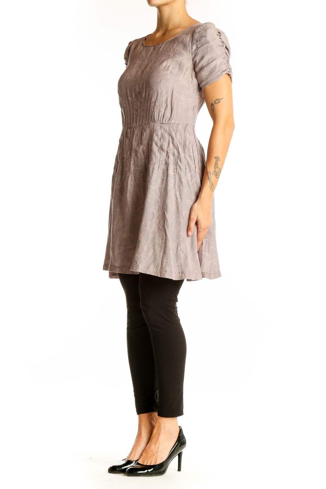 Front view of taupe Kimchi Blue pleated short sleeve dress