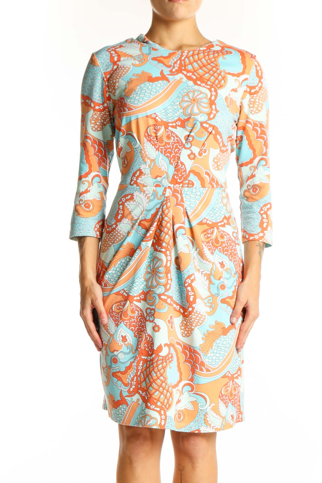 Front view of JMcLaughlin orange and blue floral print fitted dress