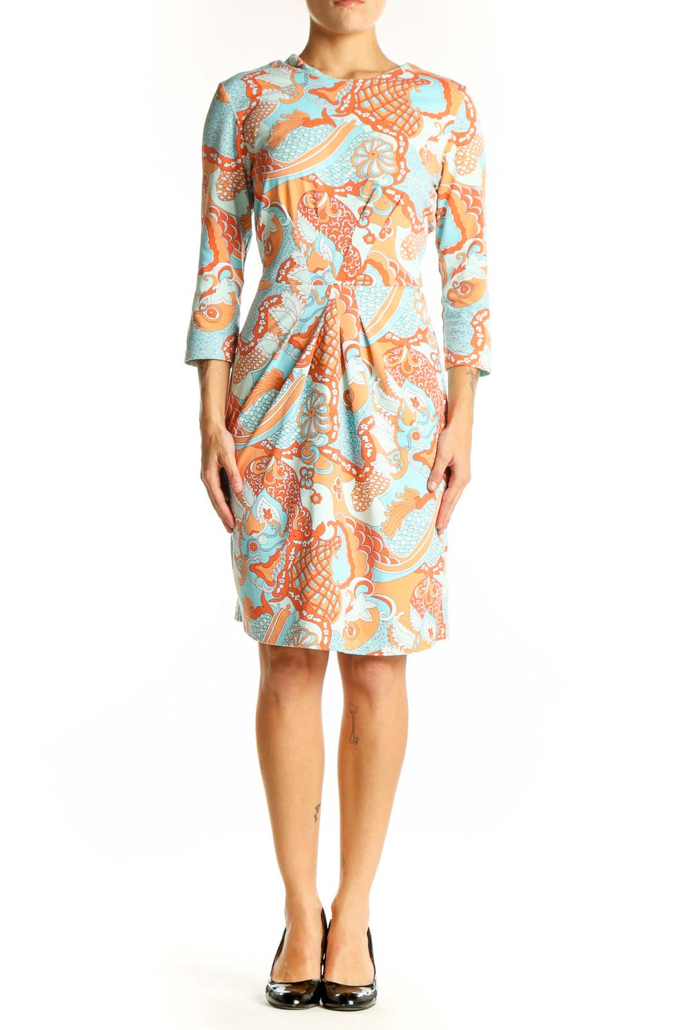 Front view of JMcLaughlin orange and blue floral print fitted dress