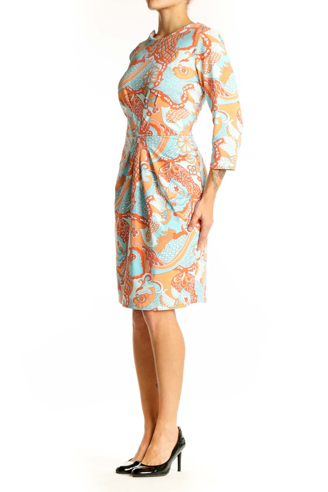 Front view of JMcLaughlin orange and blue floral print fitted dress
