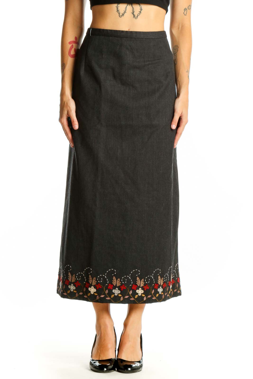 Front view of Pendleton charcoal wool maxi skirt with floral embroidery