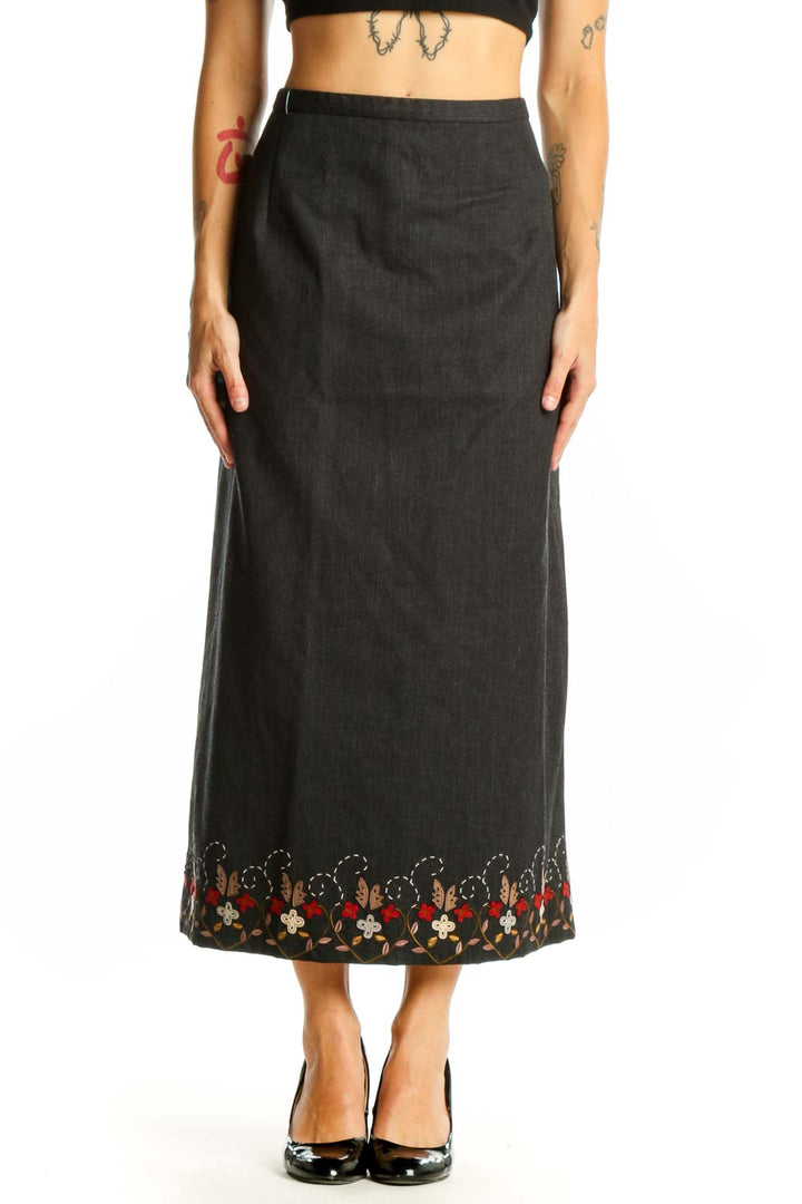Front view of Pendleton charcoal wool maxi skirt with floral embroidery