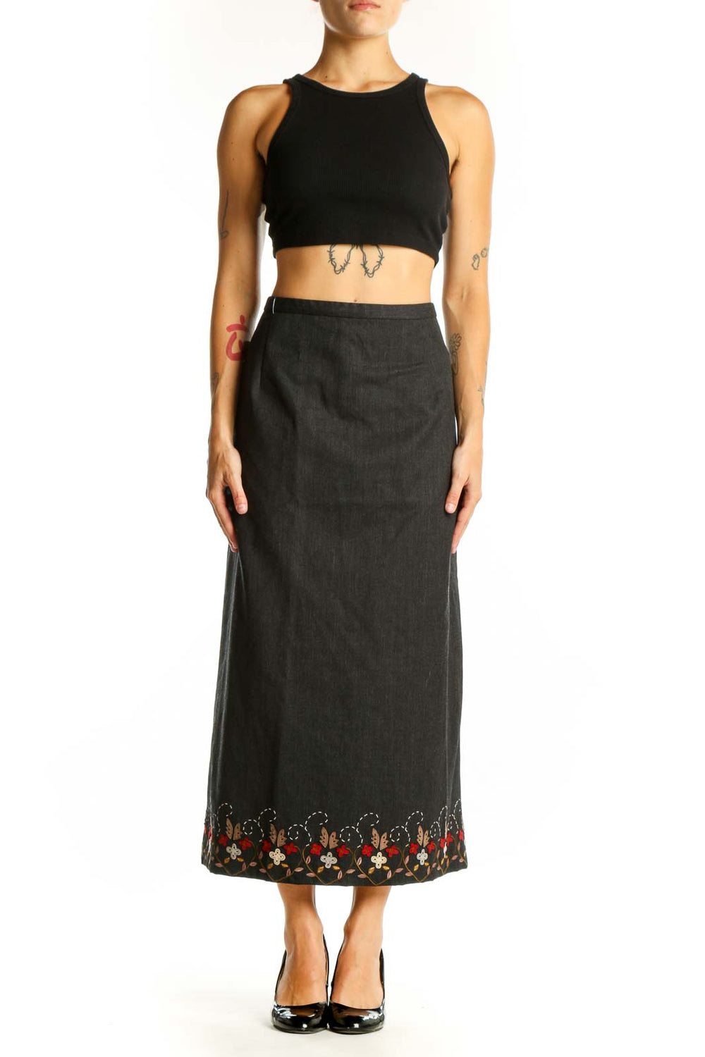 Front view of Pendleton charcoal wool maxi skirt with floral embroidery