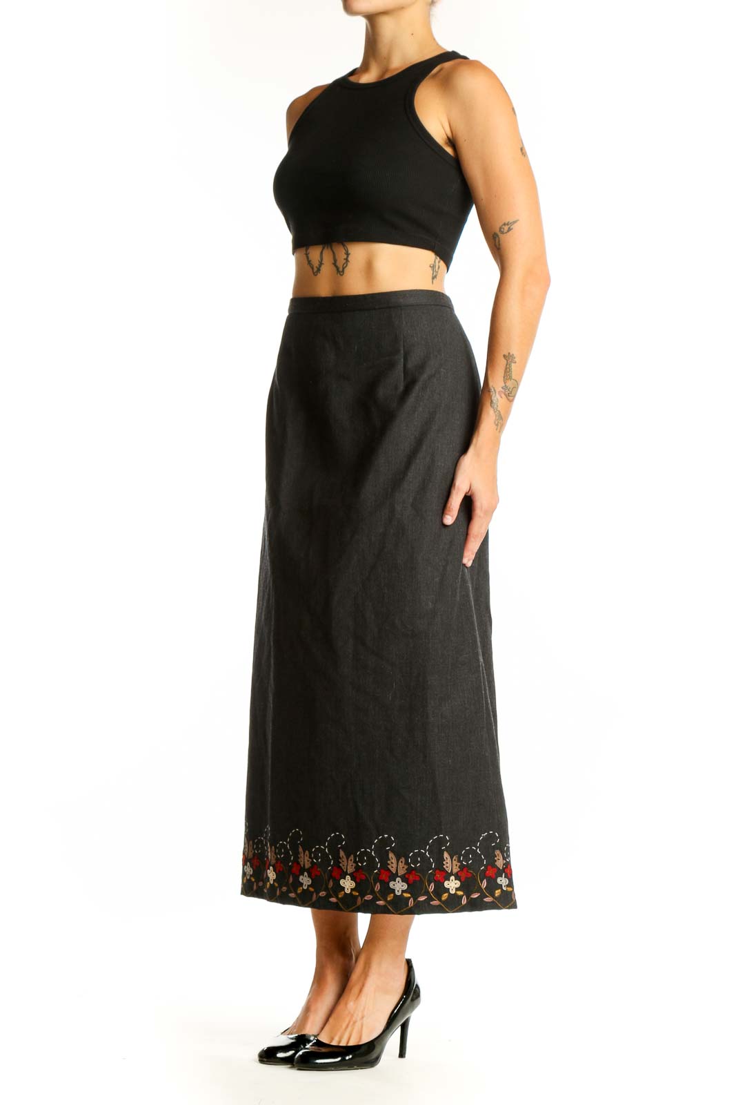 Front view of Pendleton charcoal wool maxi skirt with floral embroidery